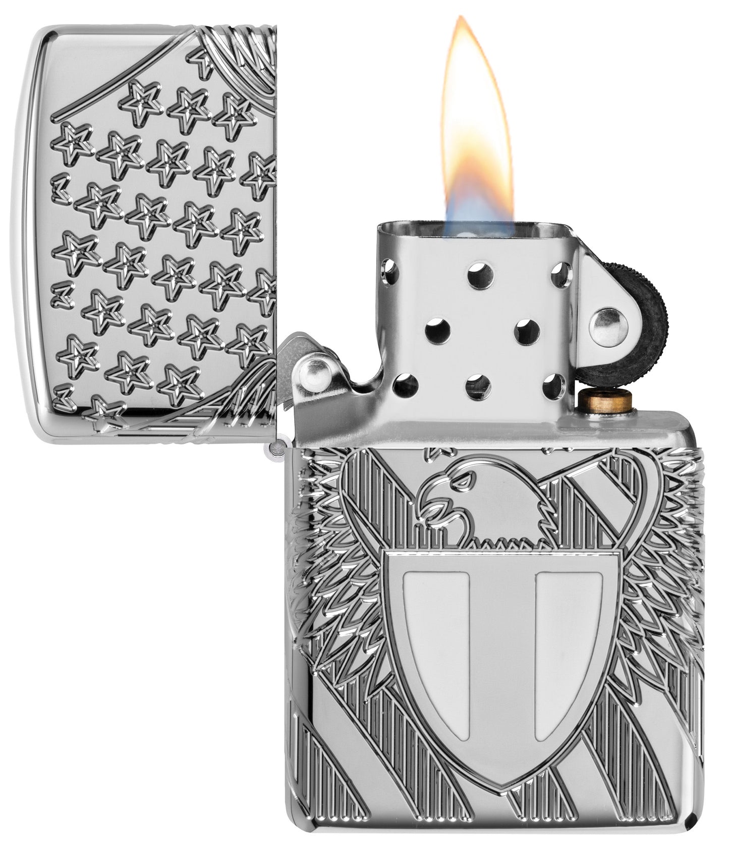 Zippo Liberty Crest Collectible Armor® High Polish Chrome Windproof Lighter with its lid open and lit.