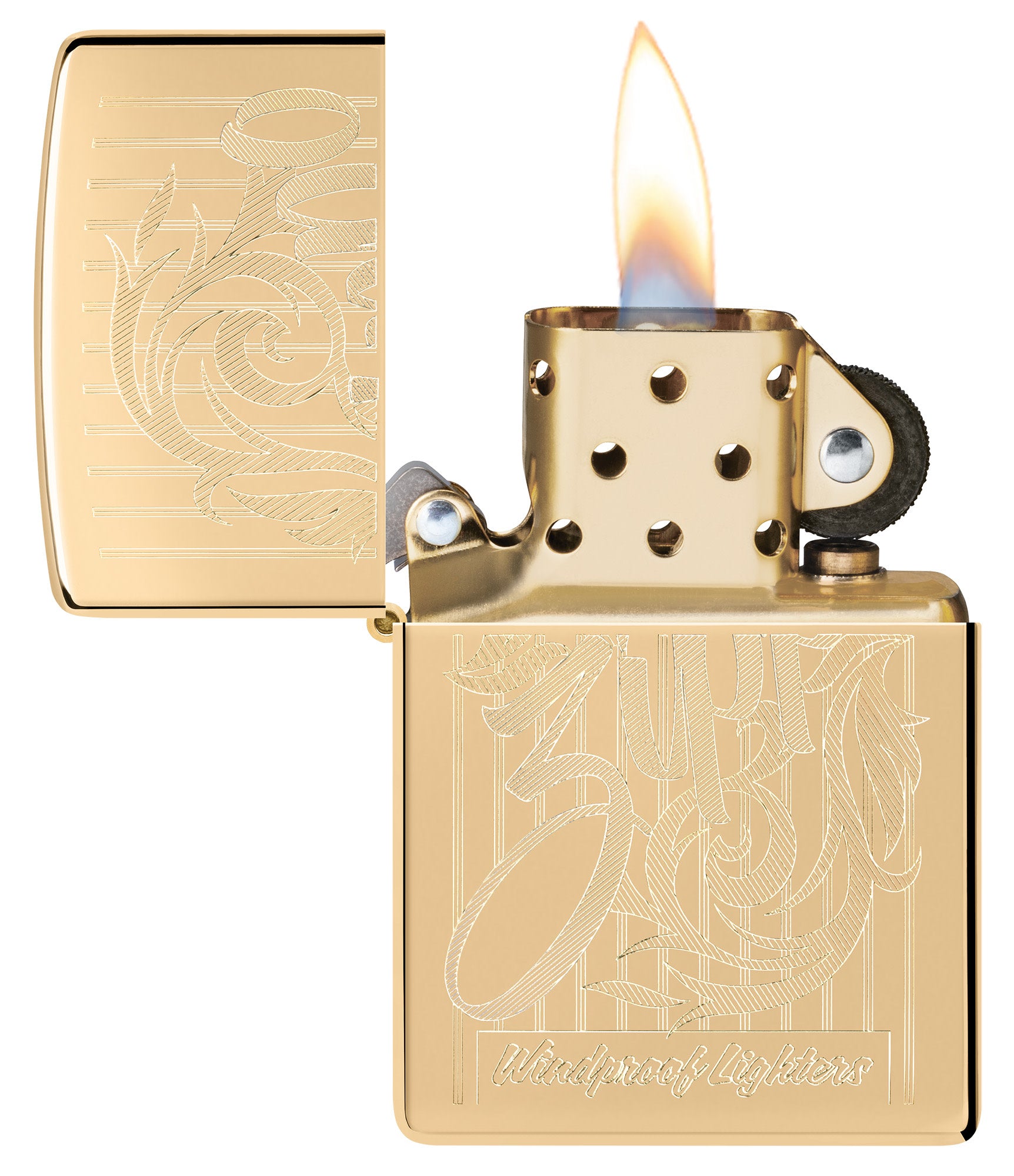 Zippo Swirling Filigree Design High Polish Brass Windproof Lighter with its lid open and lit.