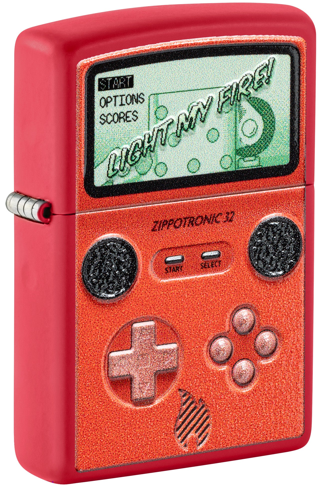 Front shot of Zippotronic Design Red Matte Windproof Lighter standing at a 3/4 angle.