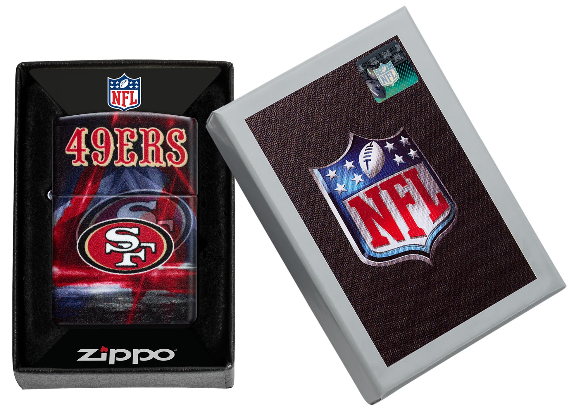 Zippo NFL San Francisco 49ers 540 Matte Windproof Lighter in its packaging.