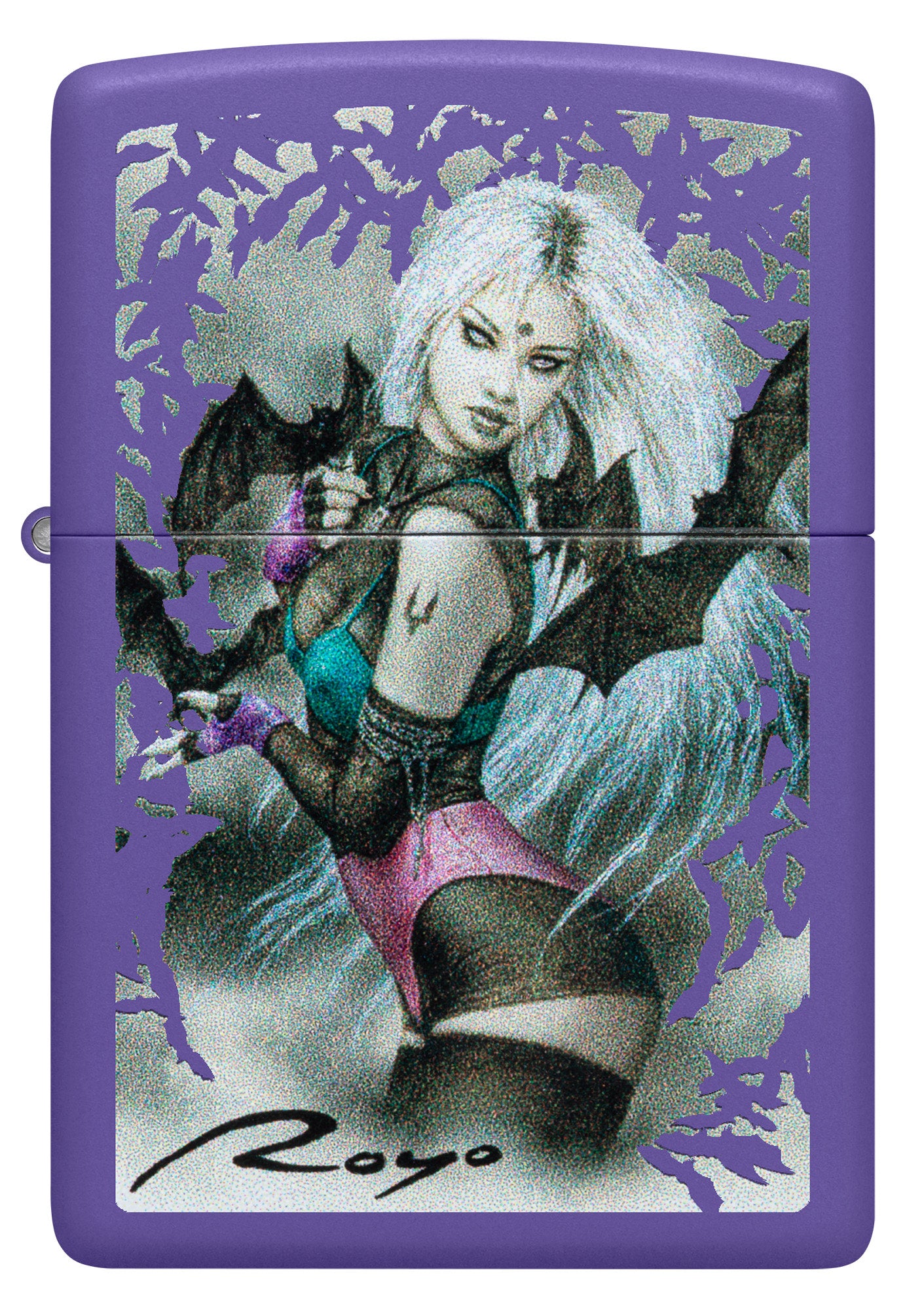 Front view of Zippo Luis Royo Purple Matte Windproof Lighter.