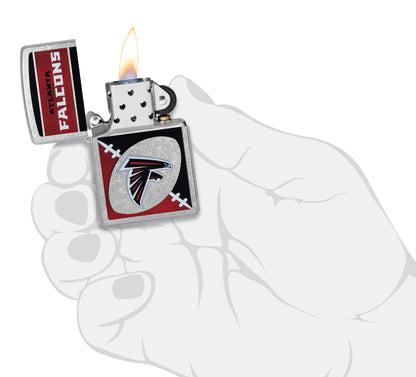 Zippo NFL Atlanta Falcons Street Chrome Windproof Lighter lit in hand.