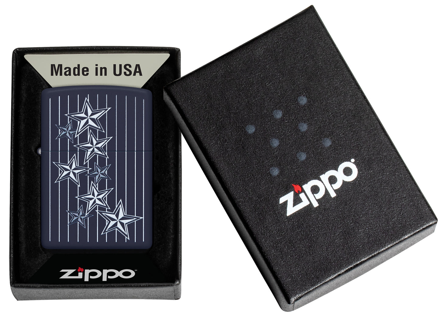 Americana Star Design Navy Matte Windproof Lighter in it's packaging.