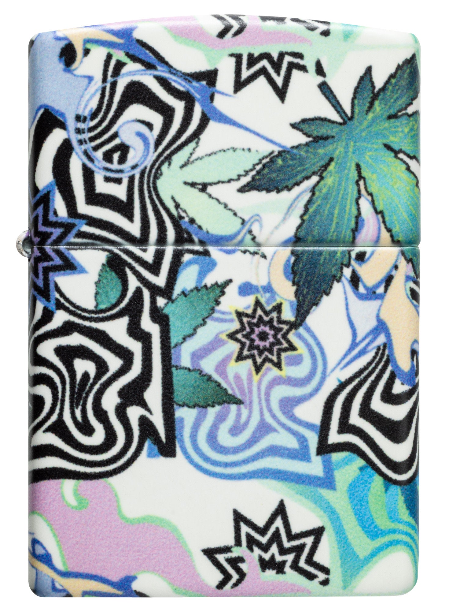 Front view of Zippo Abstract Cannabis Design Glow in the Dark Windproof Lighter.