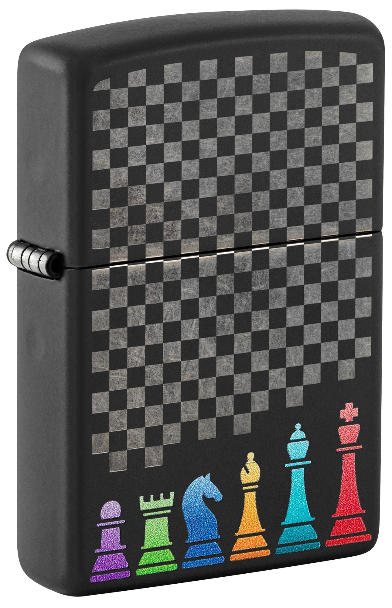 Front shot of Zippo Chess Pieces Design Black Matte Windproof Lighter standing at a 3/4 angle.