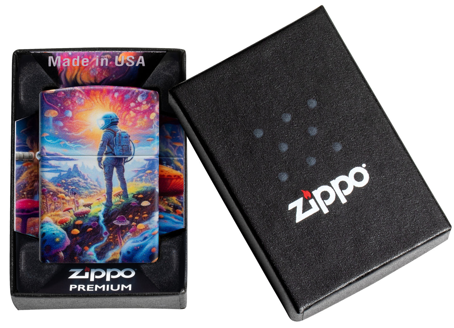 Zippo Mushroom Forest Design 540 Matte Windproof Lighter in its packaging.