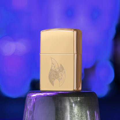 Lifestyle image of Zippo Filigree Flame Design High Polish Brass Windproof Lighter standing on the bottom of a cocktail shaker showing the front and non-hinge side of the lighter with a blacklight background. 

