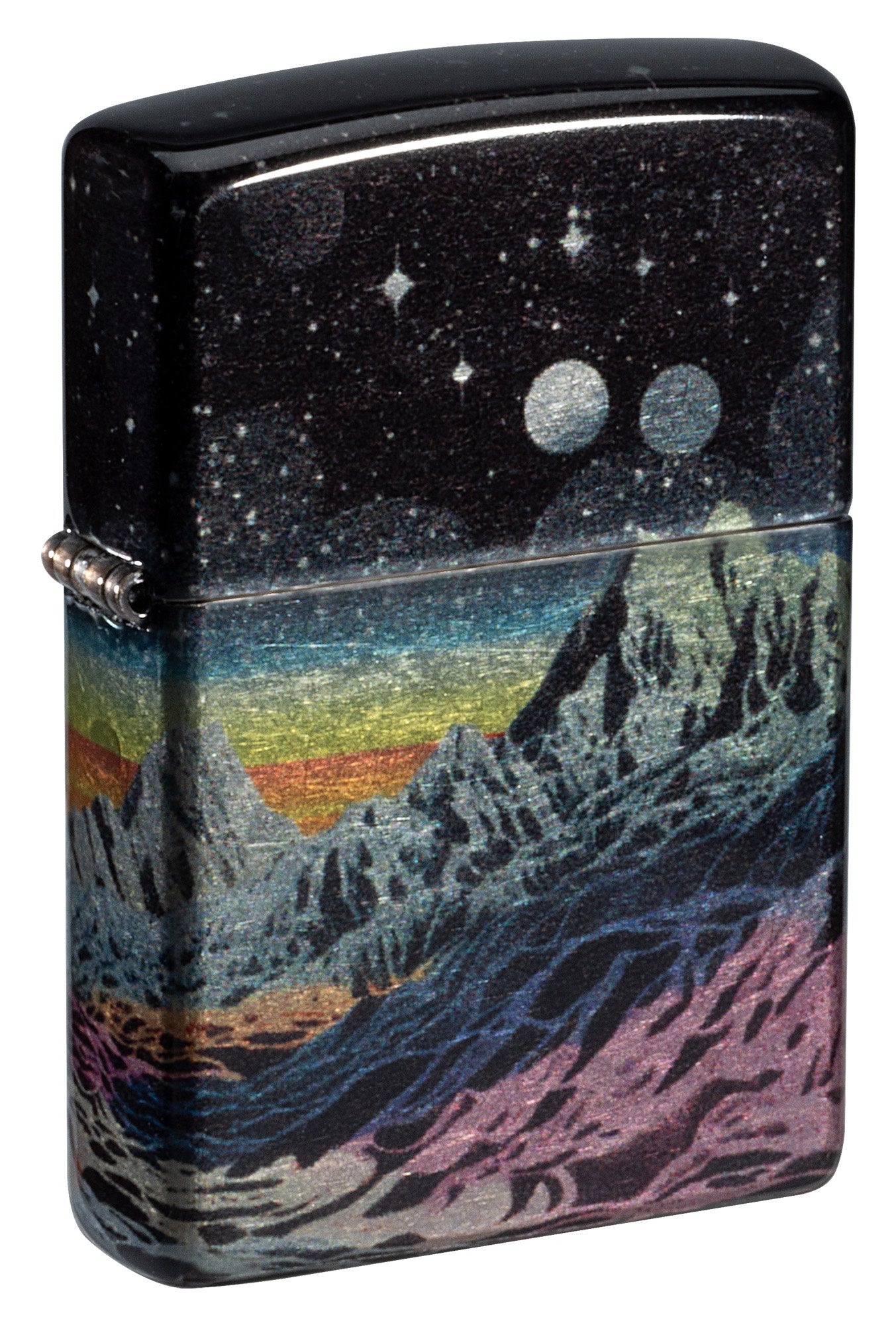 Front shot of Zippo Space in Color Design 540 Tumbled Chrome Windproof Lighter standing at a 3/4 angle.