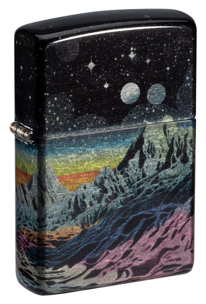 Front shot of Zippo Space in Color Design 540 Tumbled Chrome Windproof Lighter standing at a 3/4 angle.