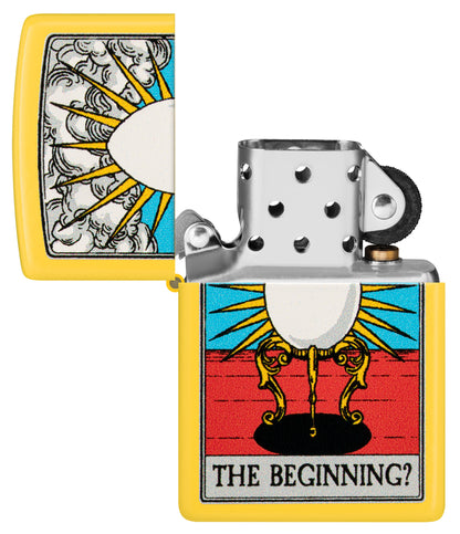 Zippo Which Came First? Design Sunflower Yellow Matte Windproof Lighter with its lid open and unlit.