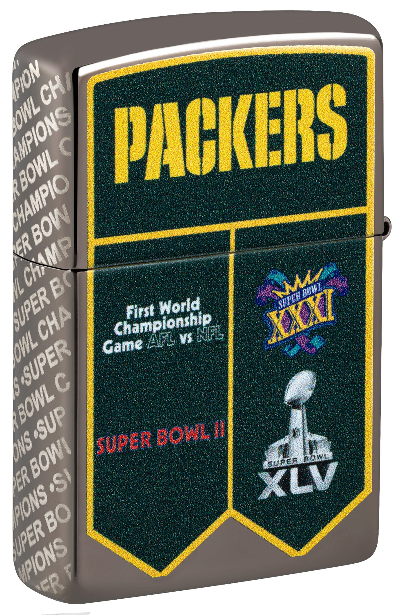 Back shot of Zippo NFL Green Bay Packers Super Bowl Commemorative Armor Black Ice Windproof Lighter standing at a 3/4 angle.