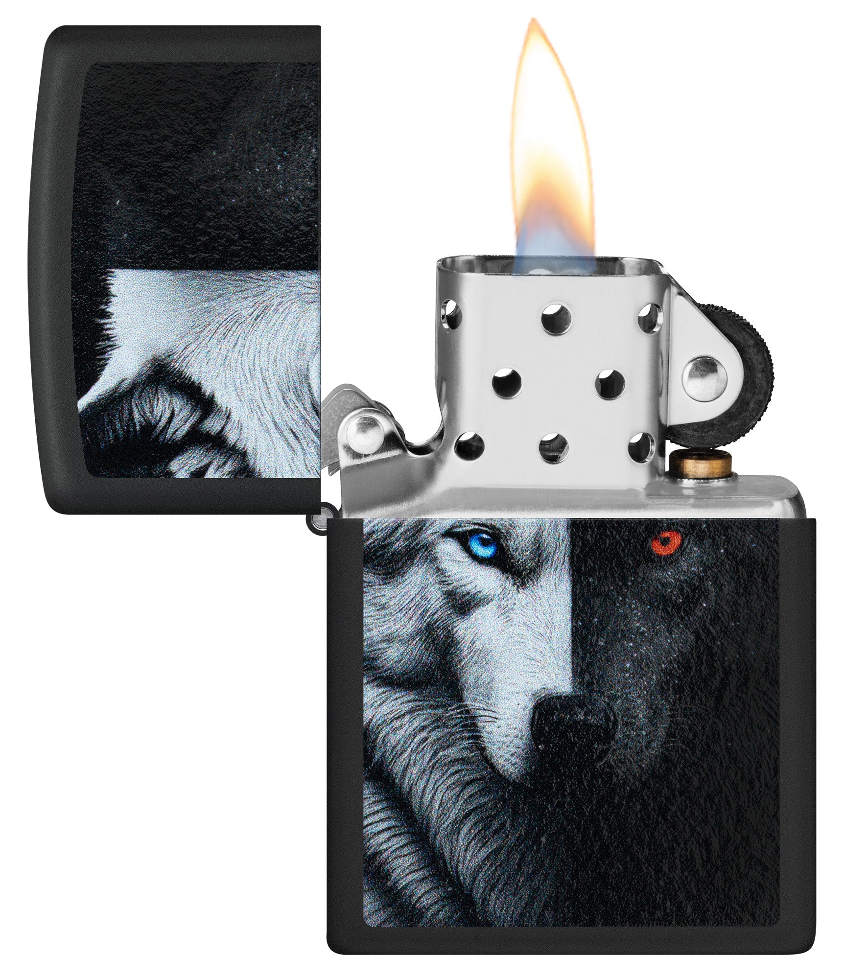 Zippo Two Wolves Design Black Matte Windproof Lighter with its lid open and lit.