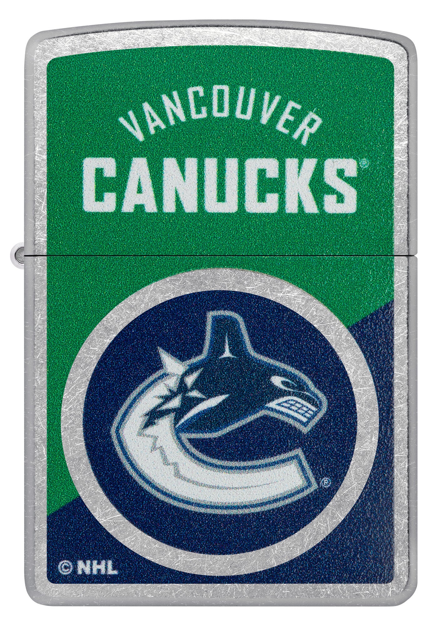 Zippo NHL® Vancouver Canucks® 2024 Street Chrome™ Windproof Lighter with its lid open and lit.