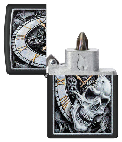 Skull Clock Design Windproof Lighter with its lid open and showing the Bit Safe Screwdriver USA. 