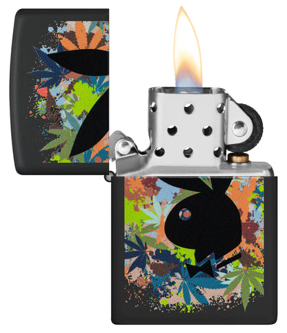 Zippo Playboy Rabbit Head Silhouette Black Matte Windproof Lighter with its lid open and lit.