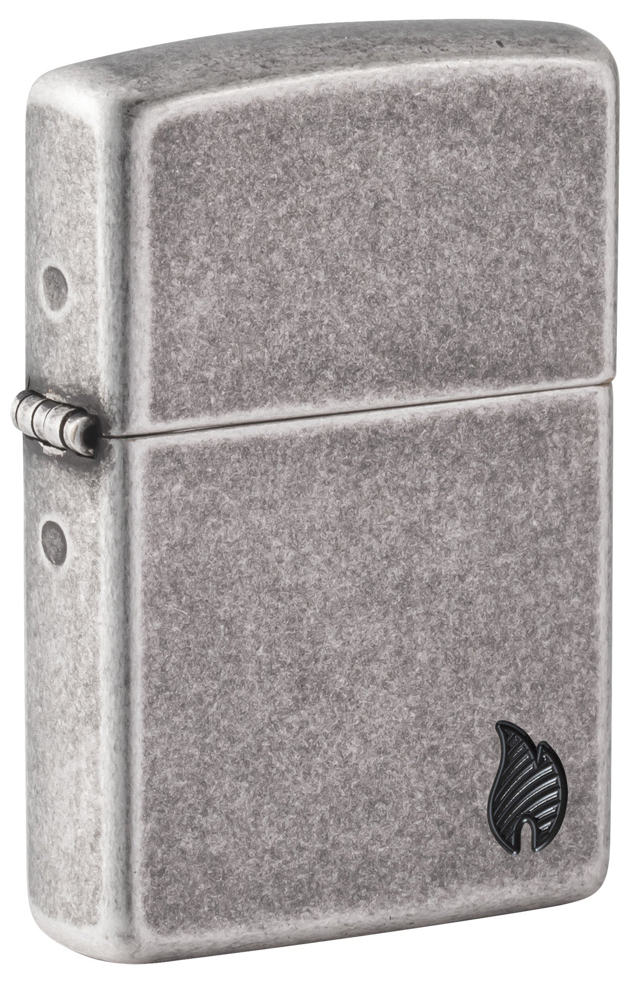 Front shot of Zippo Armor® Series Flame Antique Silver Windproof Lighter standing at a 3/4 angle.