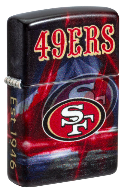 Front shot of Zippo NFL San Francisco 49ers 540 Matte Windproof Lighter standing at a 3/4 angle.