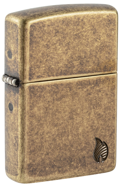 Front shot of Zippo Armor® Series Flame Antique Brass Windproof Lighter standing at a 3/4 angle.