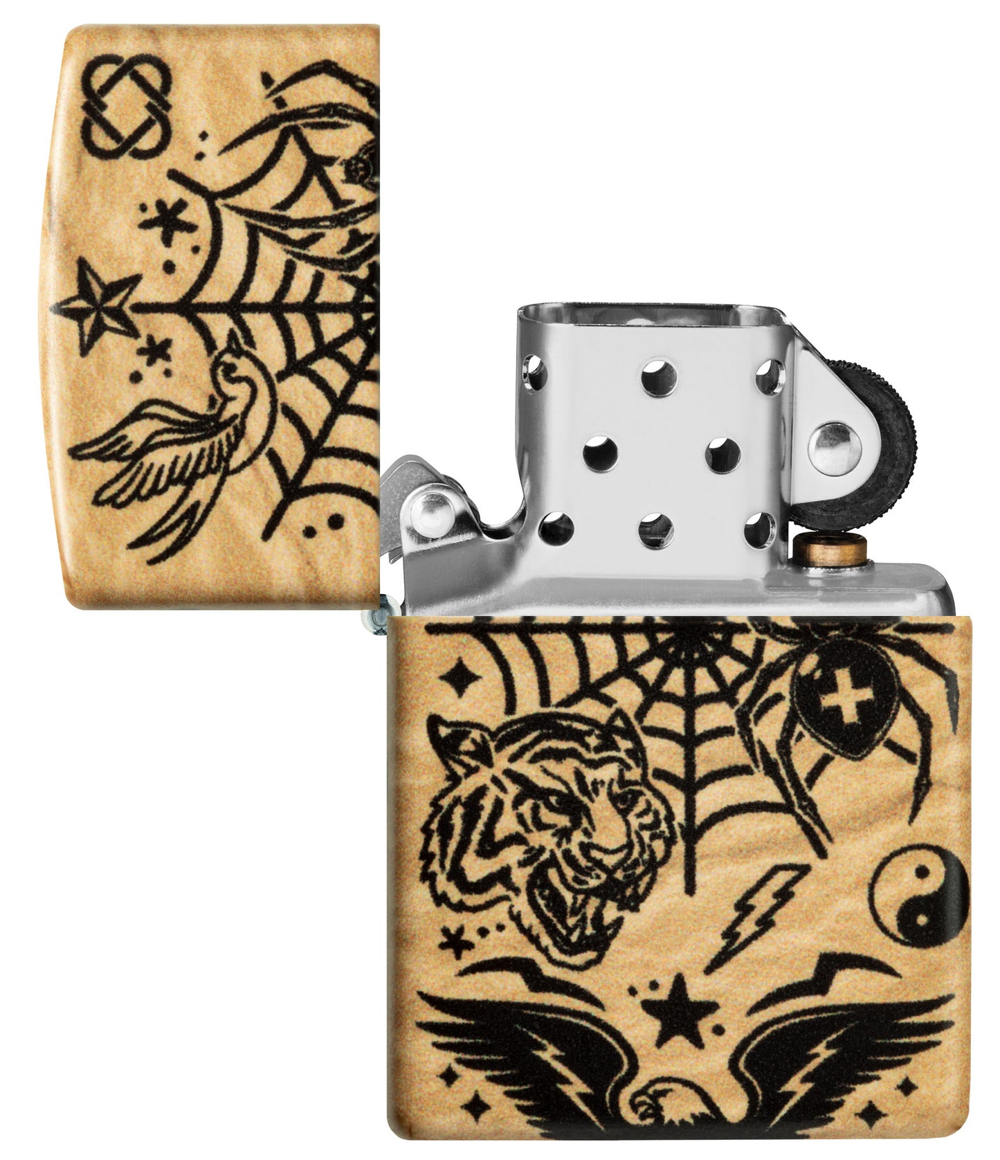 Zippo Flash Tattoo 540 Matte Windproof Lighter with its lid open and unlit.