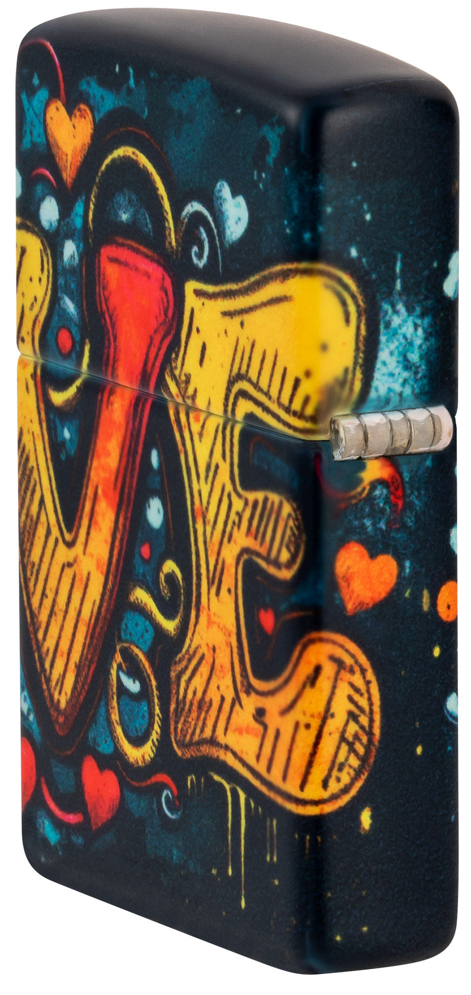 Angled shot of Zippo Love Mural Design 540 Matte Windproof Lighter showing the back and hinge side of the lighter.