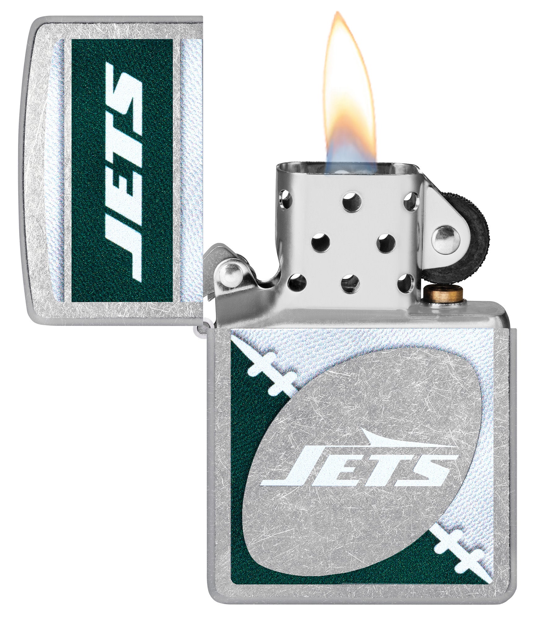 Zippo NFL New York Jets Street Chrome Windproof Lighter with its lid open and lit.