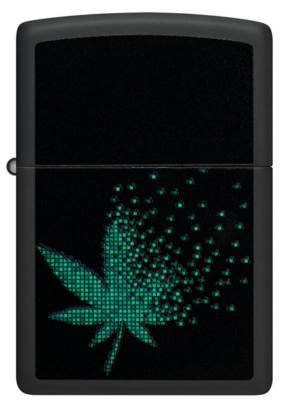 Front view of Zippo Black Light Pixel Cannabis Design Black Matte Windproof Lighter.