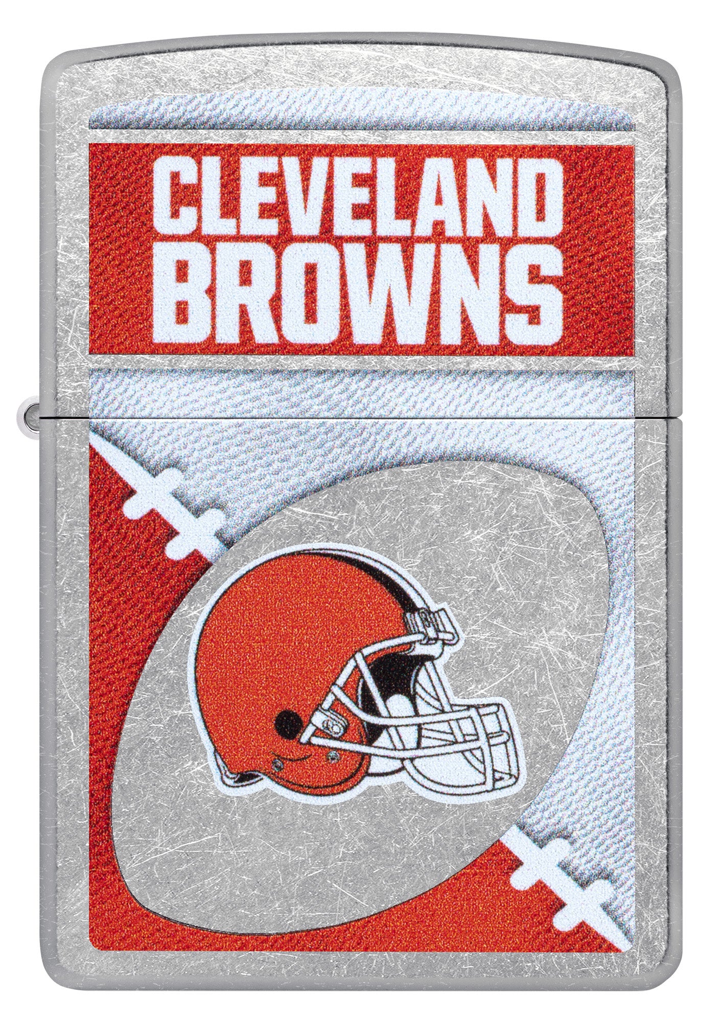 Front view of Zippo NFL Cleveland Browns Street Chrome Windproof Lighter.