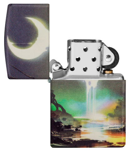 Zippo Moon Dream Design 540 Color Glow in the Dark Windproof Lighter with its lid open and unlit.