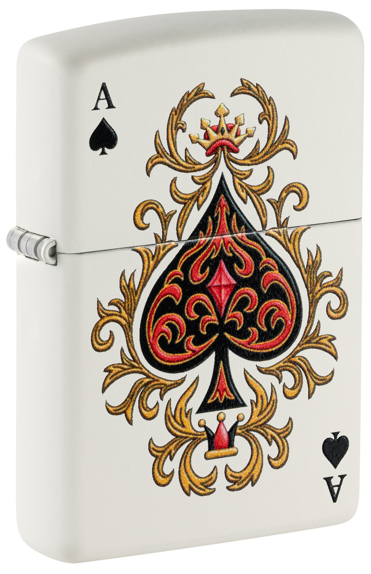 Front shot of Zippo Ace of Jokes 2-Sided White Matte Windproof Lighter standing at a 3/4 angle.