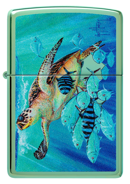 Front view of Zippo Guy Harvey Hawksbill Caravan High Polish Green Windproof Lighter.