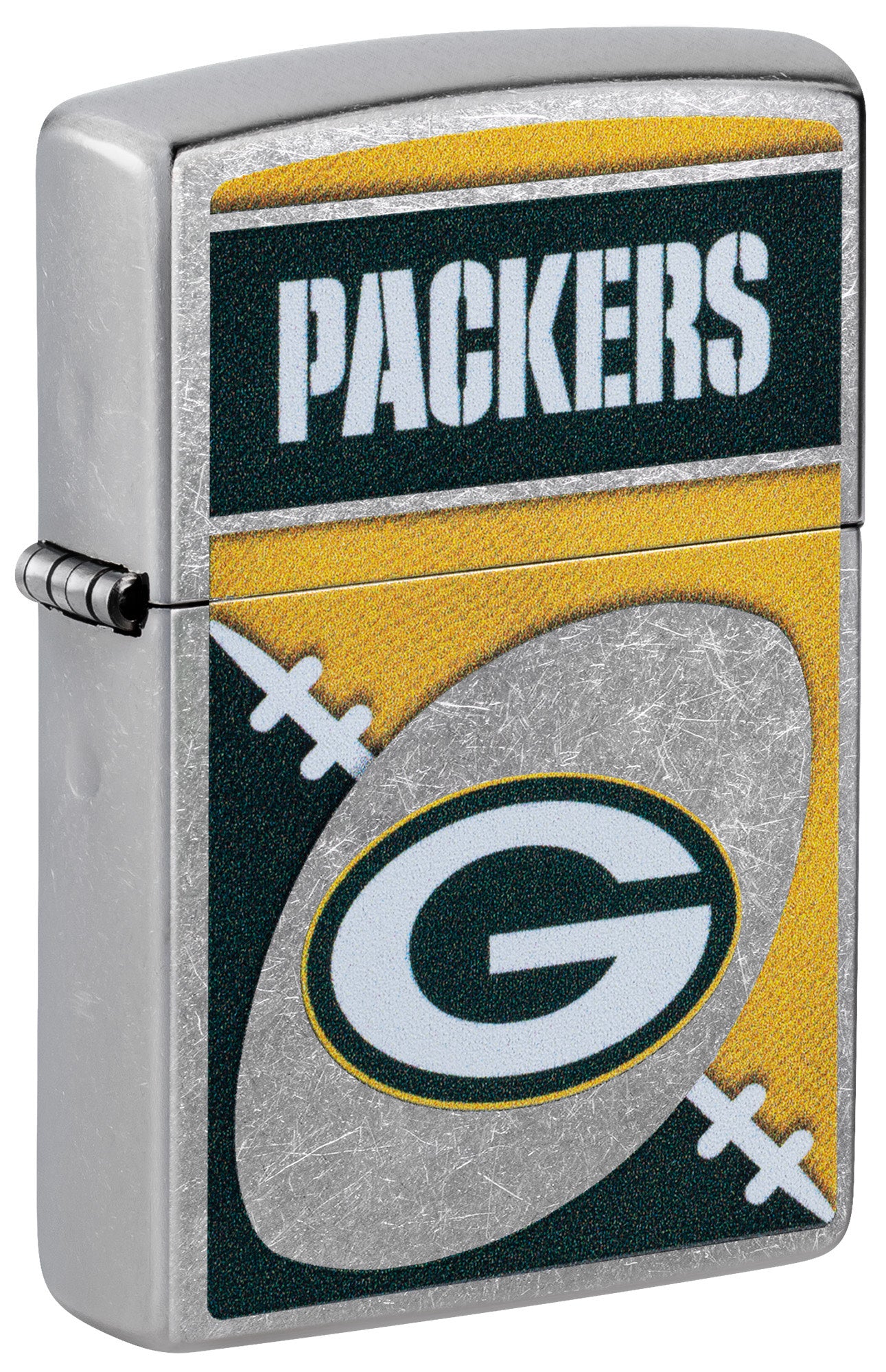 Front shot of Zippo NFL Green Bay Packers Street Chrome Windproof Lighter standing at a 3/4 angle.