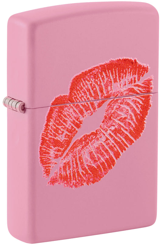 Front shot of Zippo Smooches Design Pink Matte Windproof Lighter standing at a 3/4 angle.