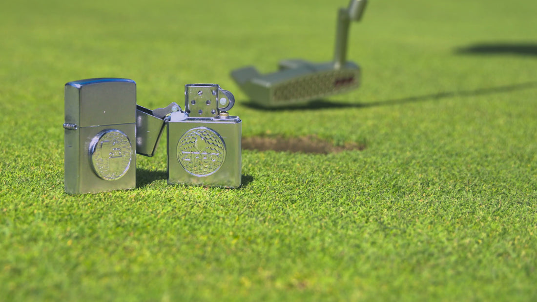 Video illustrating the magnetic golf ball marker attached to the lighter case.