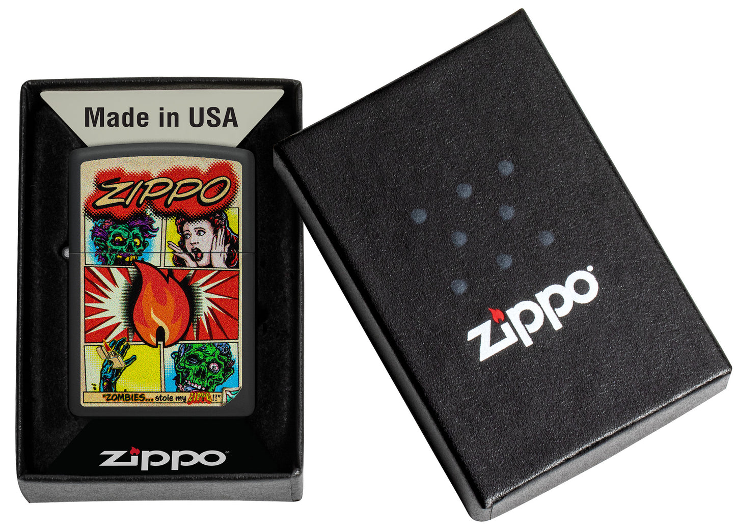 Zippo Comic Zombies Design Black Matte Windproof Lighter in its packaging.