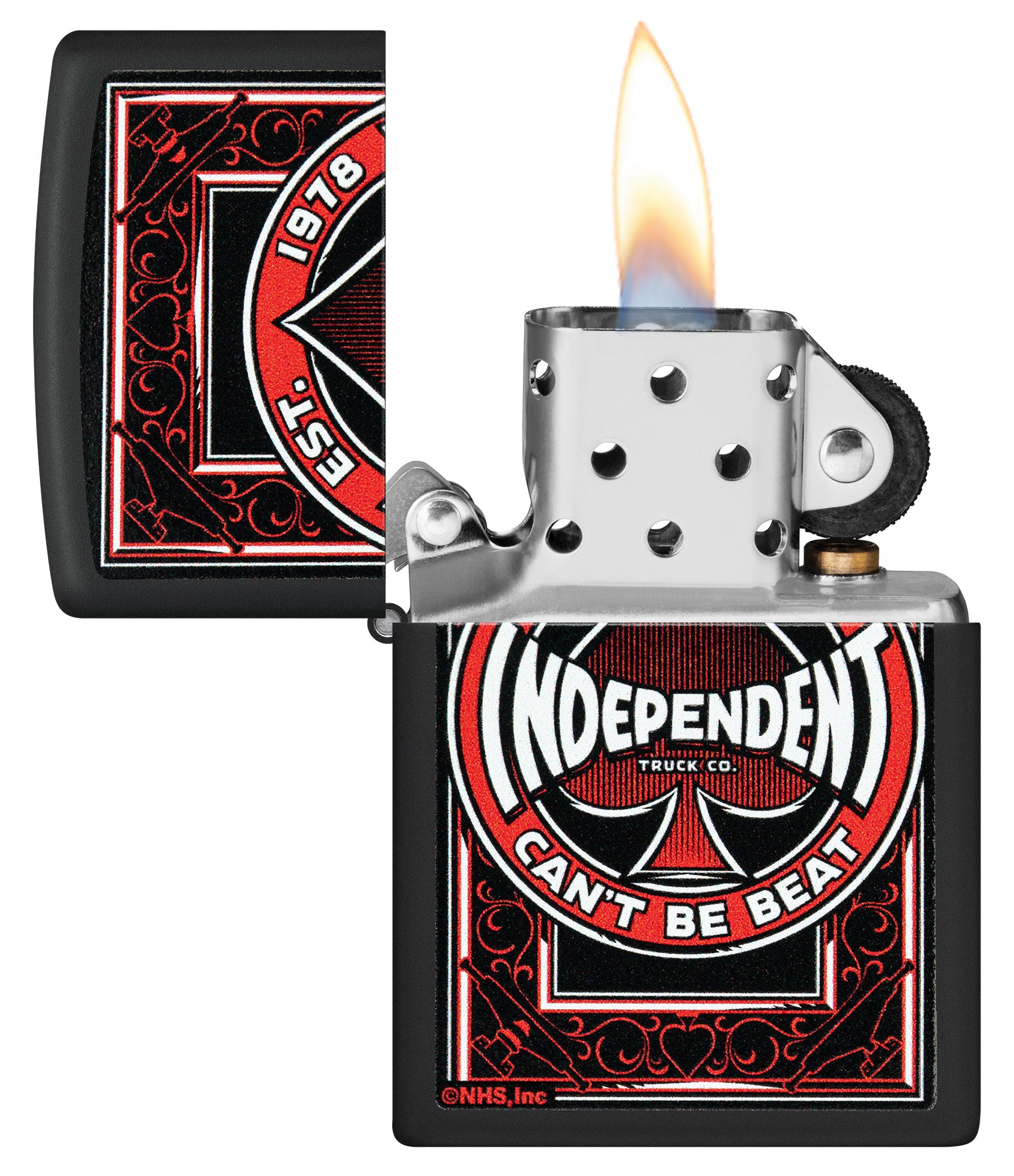 Zippo Independent Trucks Design Black Matte Windproof Lighter with its lid open and lit.