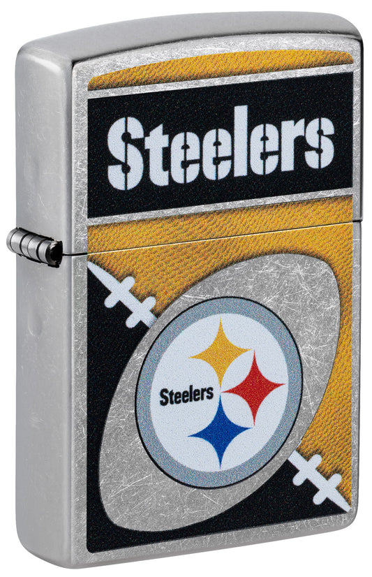 Front shot of Zippo NFL Pittsburgh Steelers Street Chrome Windproof Lighter standing at a 3/4 angle.