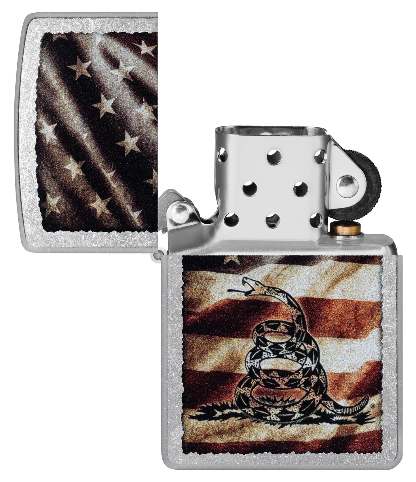 Zippo Dont Tread on Me® Street Chrome Windproof Lighter with its lid open and unlit.