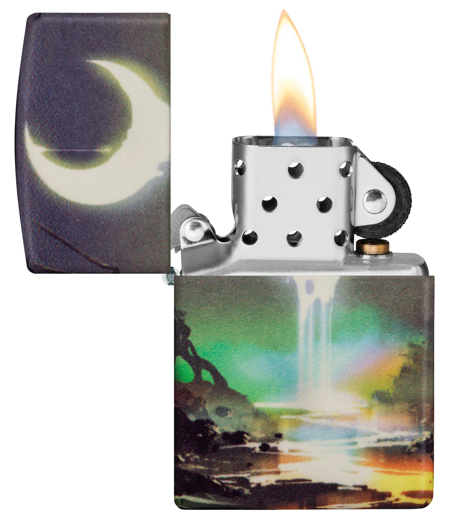 Zippo Moon Dream Design 540 Color Glow in the Dark Windproof Lighter with its lid open and lit.