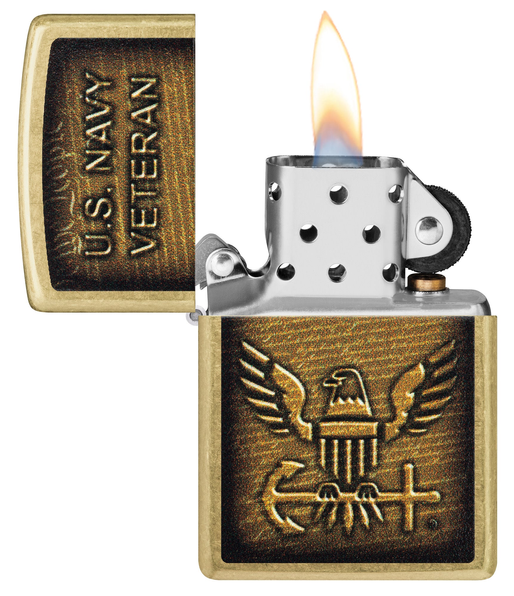 Zippo United States Navy® Street Brass Windproof Lighter with its lid open and lit.