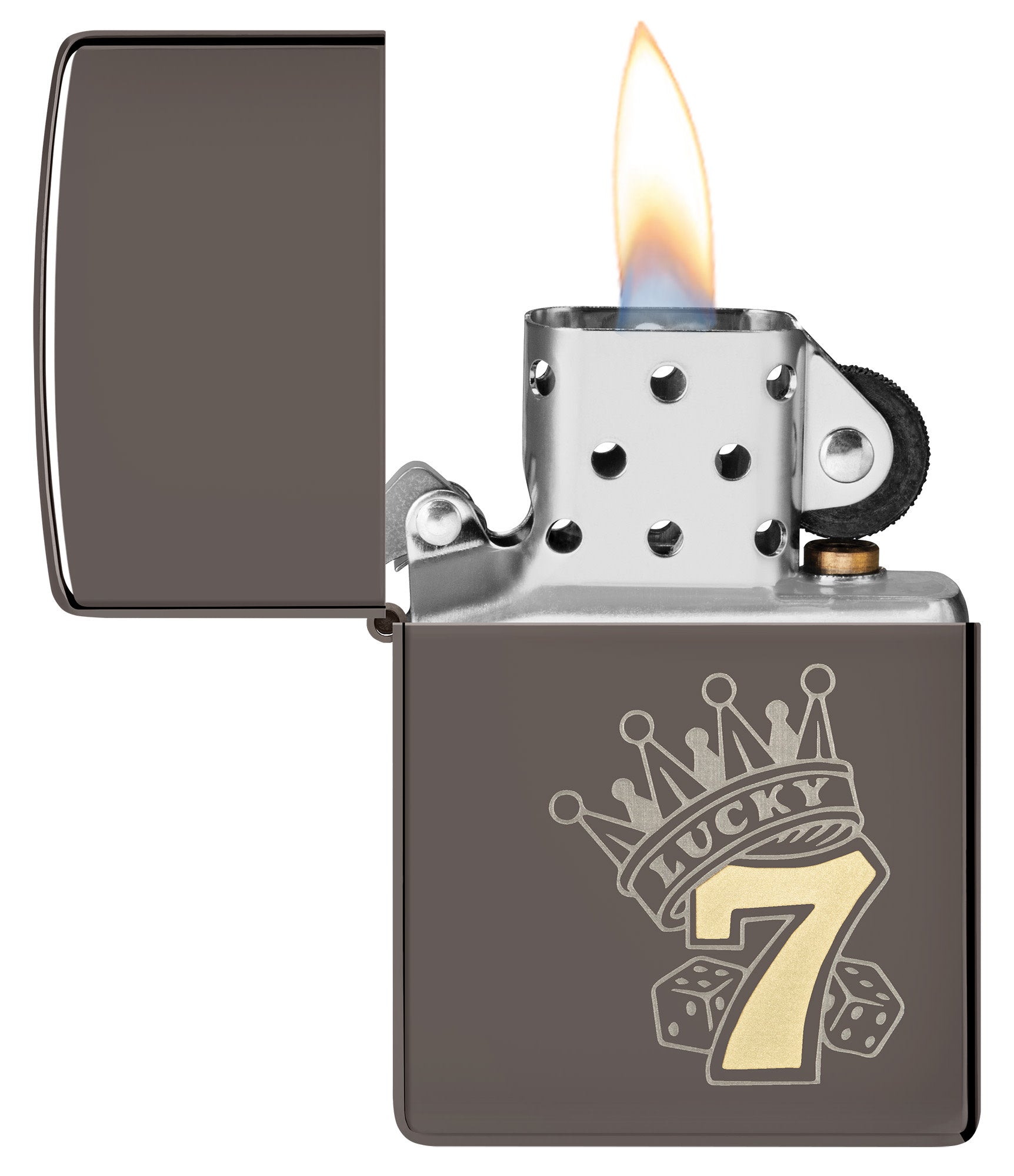 Zippo Lucky 7 Black Ice Windproof Lighter with its lid open and lit.