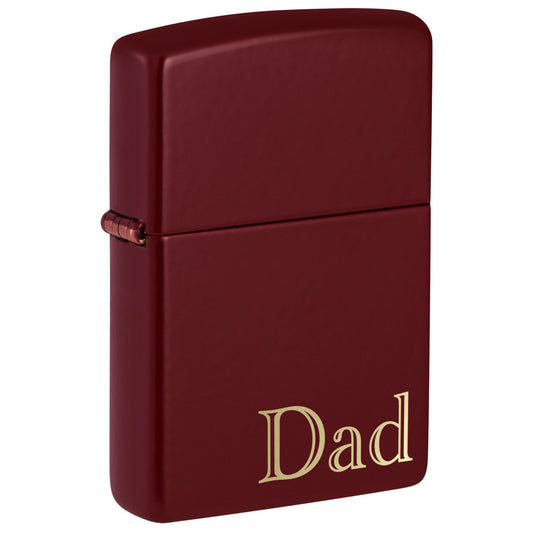 Front shot of Zippo Dad Design SMS Windproof Pocket Lighter standing at a 3/4 angle.