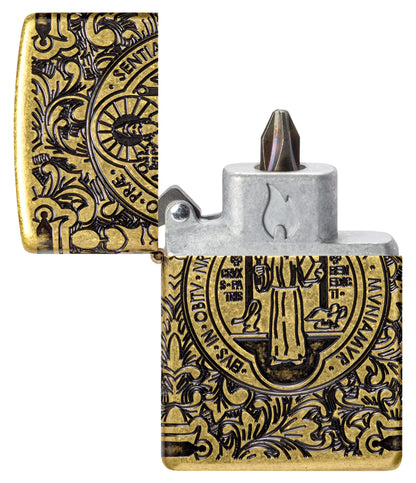 St Benedict Design Windproof Lighter with its lid open and showing the Bit Safe Screwdriver USA. 