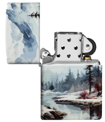 Zippo Frozen Valley Design 540 Matte Windproof Lighter with its lid open and unlit.