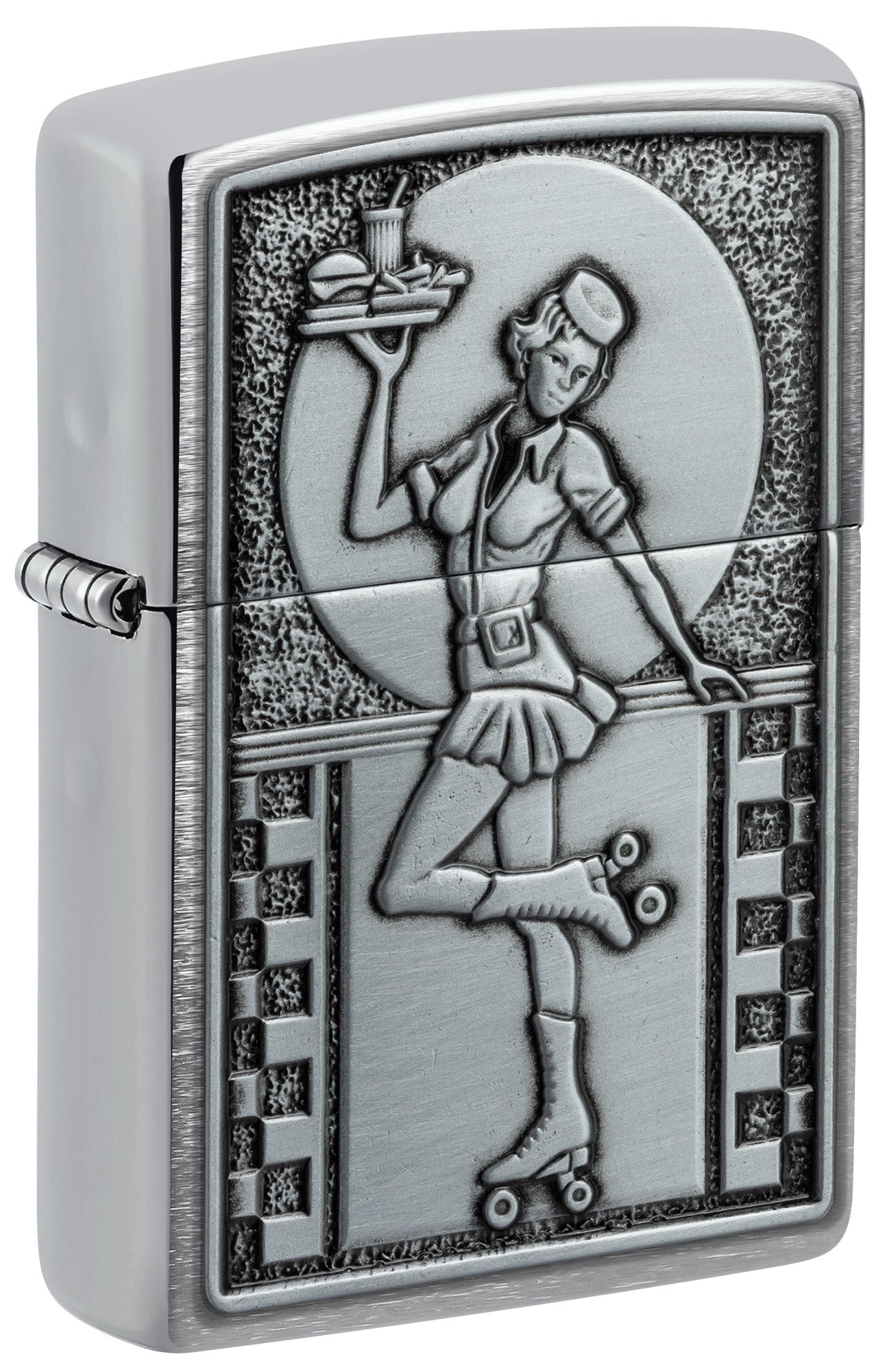 Front shot of Zippo Roller Waitress Emblem Brushed Chrome Windproof Lighter standing at a 3/4 angle.