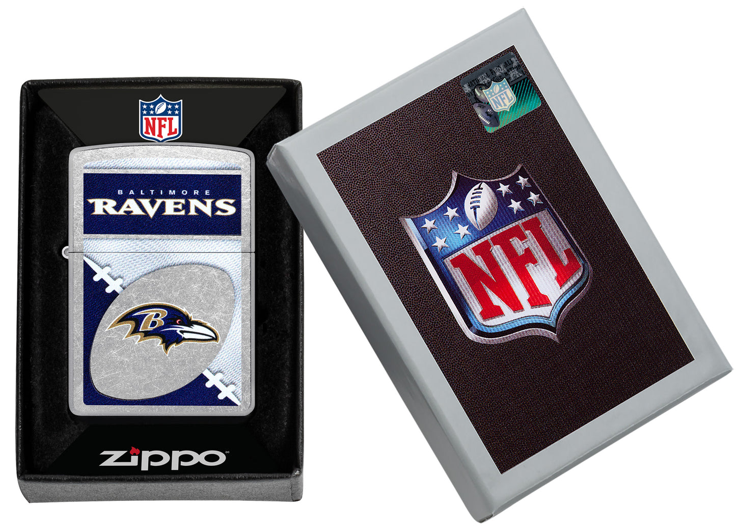 Zippo NFL Baltimore Ravens Street Chrome Windproof Lighter in its packaging.