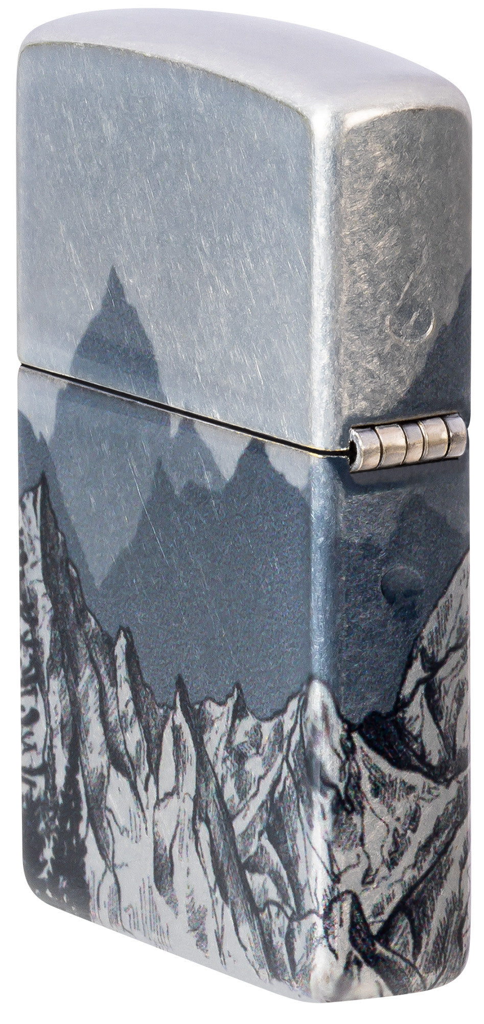 Angled shot of Zippo Mountain Sketch Design 540 Tumbled Chrome Windproof Lighter showing the back and hinge side of the lighter.