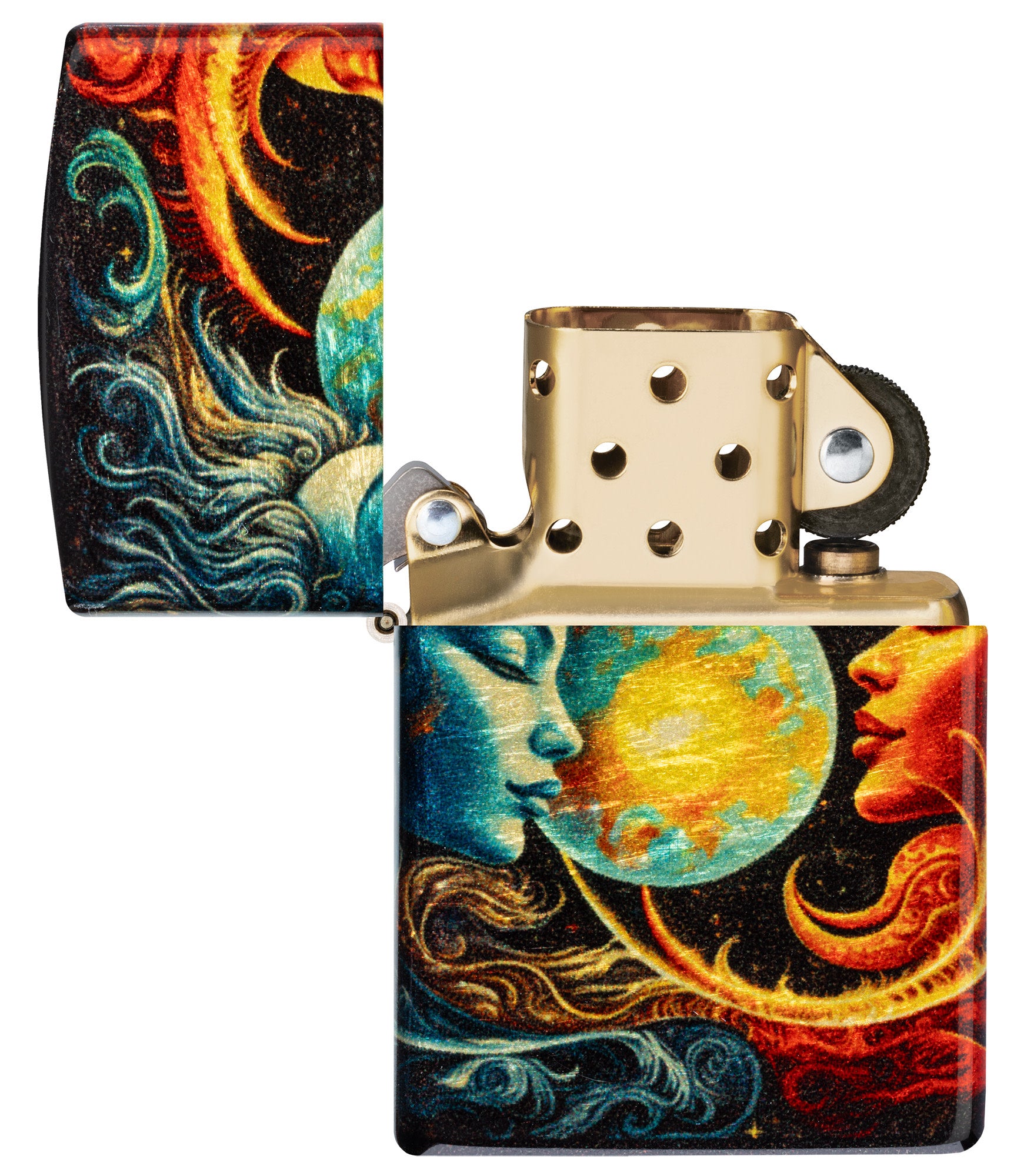 Zippo Sun and Moon Design 540 Tumbled Brass Windproof Lighter with its lid open and unlit.