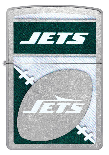 Front view of Zippo NFL New York Jets Street Chrome Windproof Lighter.