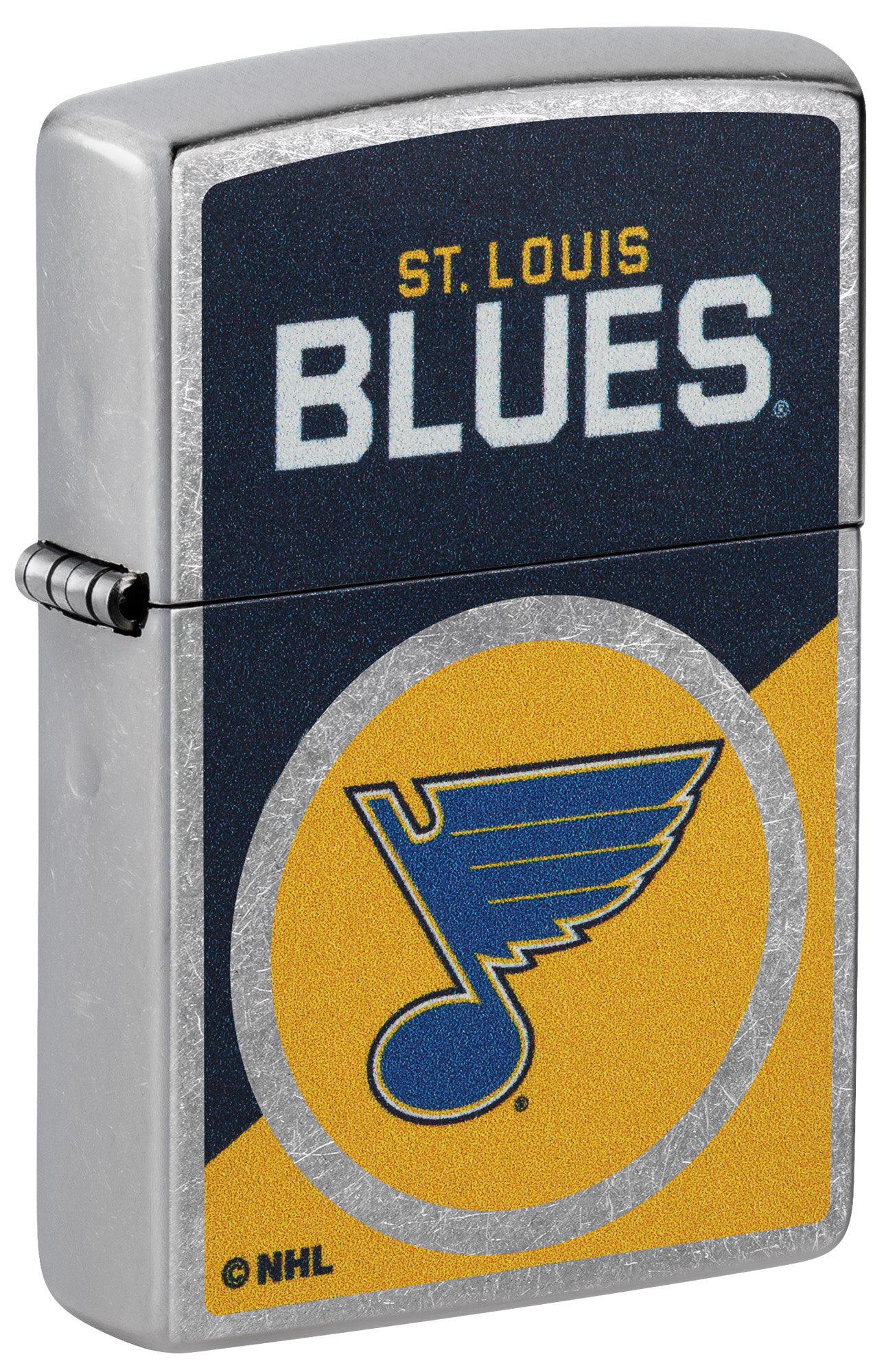 Front shot of Zippo NHL® St. Louis Blues® 2024 Street Chrome™ Windproof Lighter standing at a 3/4 angle.