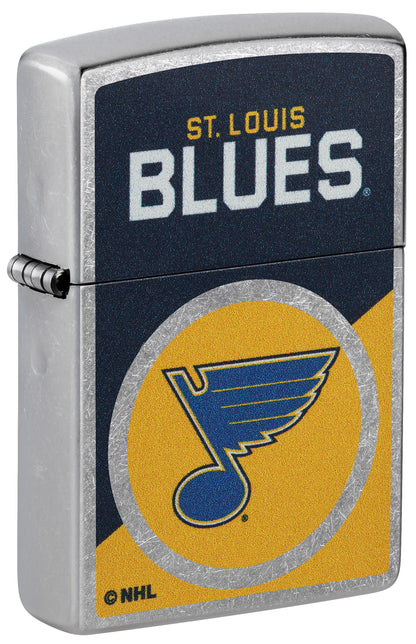 Front shot of Zippo NHL® St. Louis Blues® 2024 Street Chrome™ Windproof Lighter standing at a 3/4 angle.